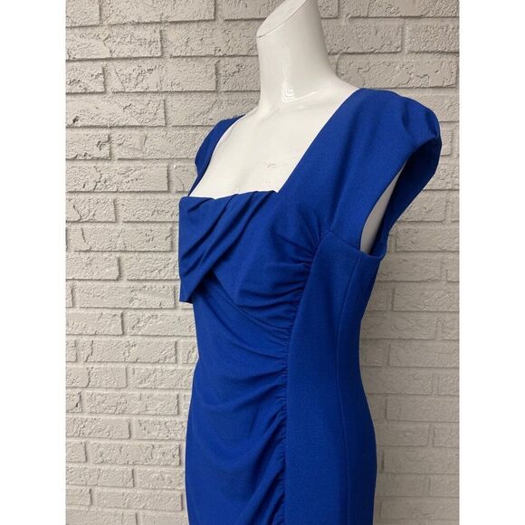 Tahari ASL Women Blue Square Neckline Front Ruched Sheath Dress Size 10 - Picture 4 of 10